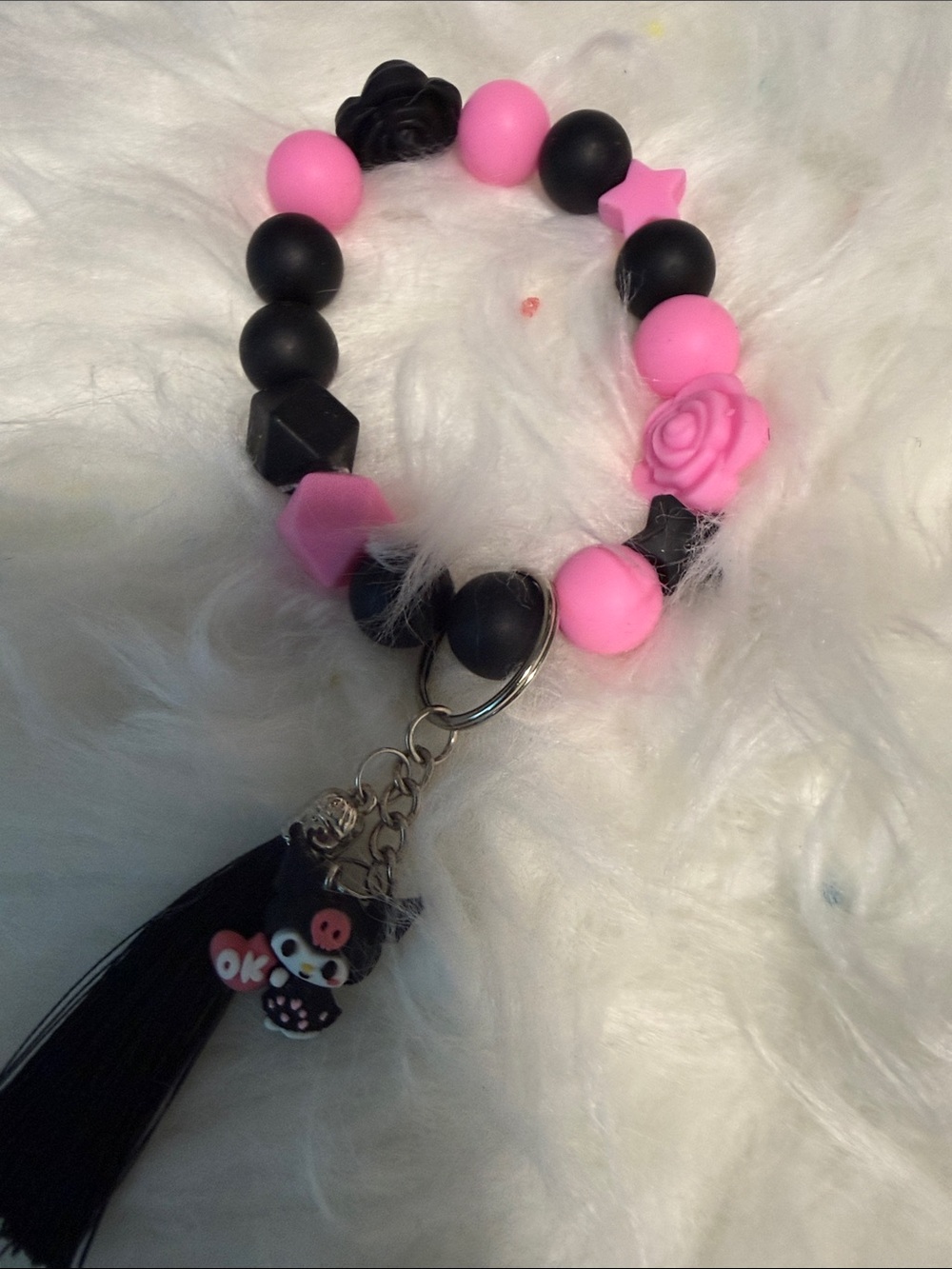 Pink and Black Beaded Keychain Bracelet with Tassel